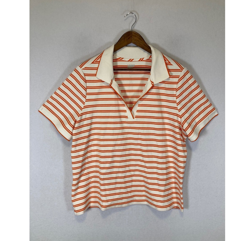 Preppy Lands End‎ Womens 2X White Orange Striped Ribbed V-Neck Polo Top